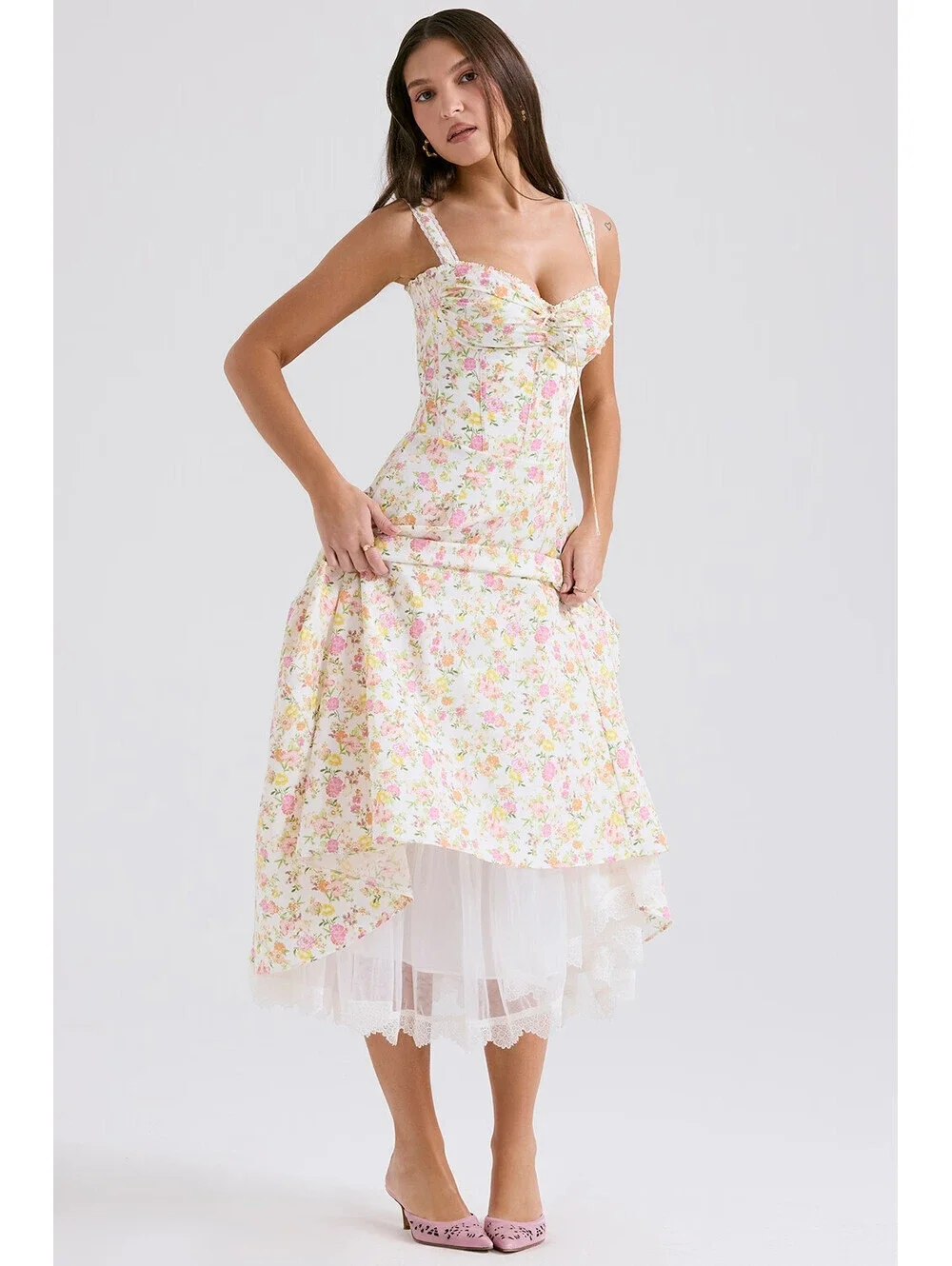 NEW, House of CB Rosalee ivory meadow print cotton bustier sundress L+ #MD2574